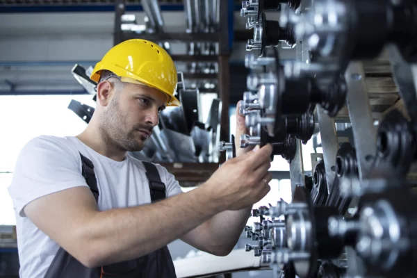 Ouvrier industriel travaillant sur une chaîne de production dans une usine.