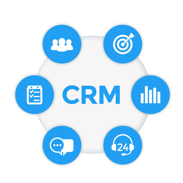 Icônes CRM, modèle d'infographie vectorielle pour la gestion de la relation client
