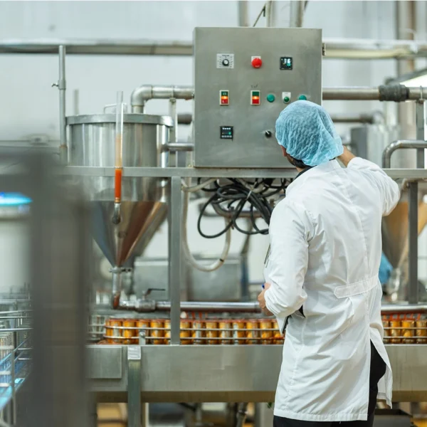 Opérateur en usine agroalimentaire contrôlant un tableau de commande sur ligne de production automatisée avec cuves et convoyeur de conditionnement