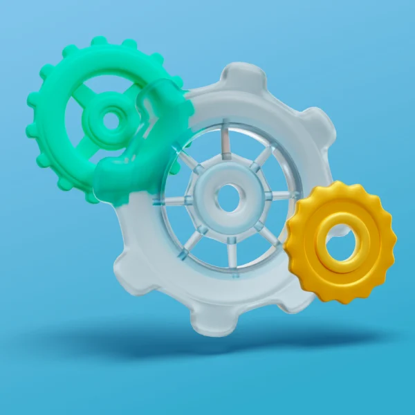 Illustration de rouages colorés interconnectés sur fond bleu, représentant l’automatisation et l’optimisation des processus
