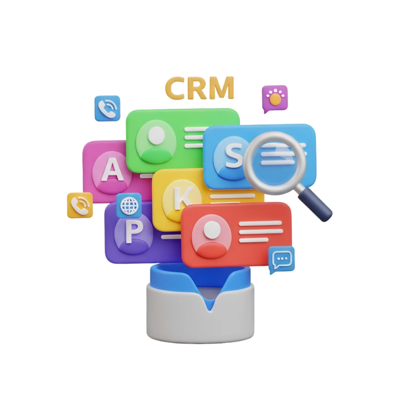Illustration 3D d’un CRM avec cartes clients colorées, icônes de communication et loupe, représentant la gestion des contacts, l’analyse des données et la relation client