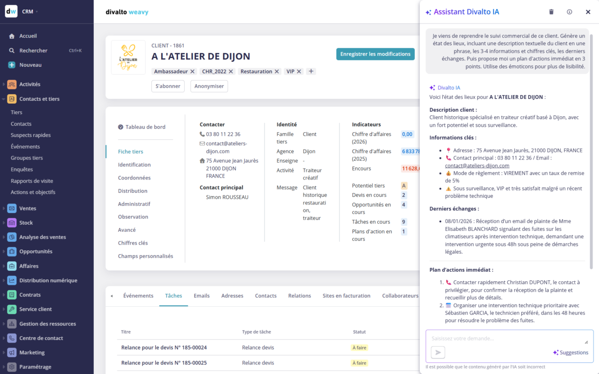 Interface CRM Divalto weavy affichant la fiche client avec coordonnées, indicateurs de performance et Assistant IA proposant un résumé et un plan d’actions commerciales