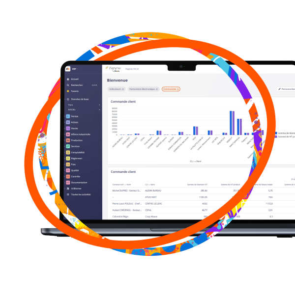 Tableau de bord ERP sur ordinateur portable entouré d’un cercle graphique coloré, illustrant le suivi des commandes clients et l’analyse des ventes