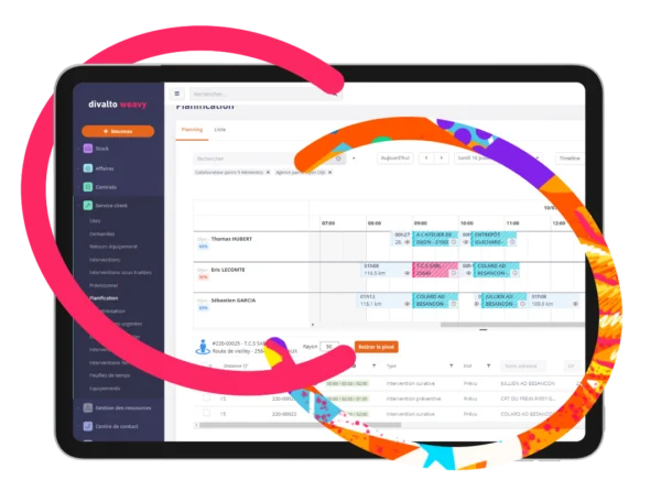Interface de planification Divalto weavy affichée sur tablette avec calendrier des interventions et gestion des équipes, entourée d’un cercle graphique coloré