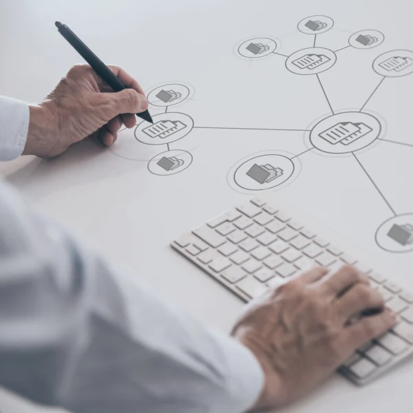 Schéma de réseau dessiné à la main avec icônes connectées sur bureau, illustrant l’organisation des données et la gestion de projet informatique