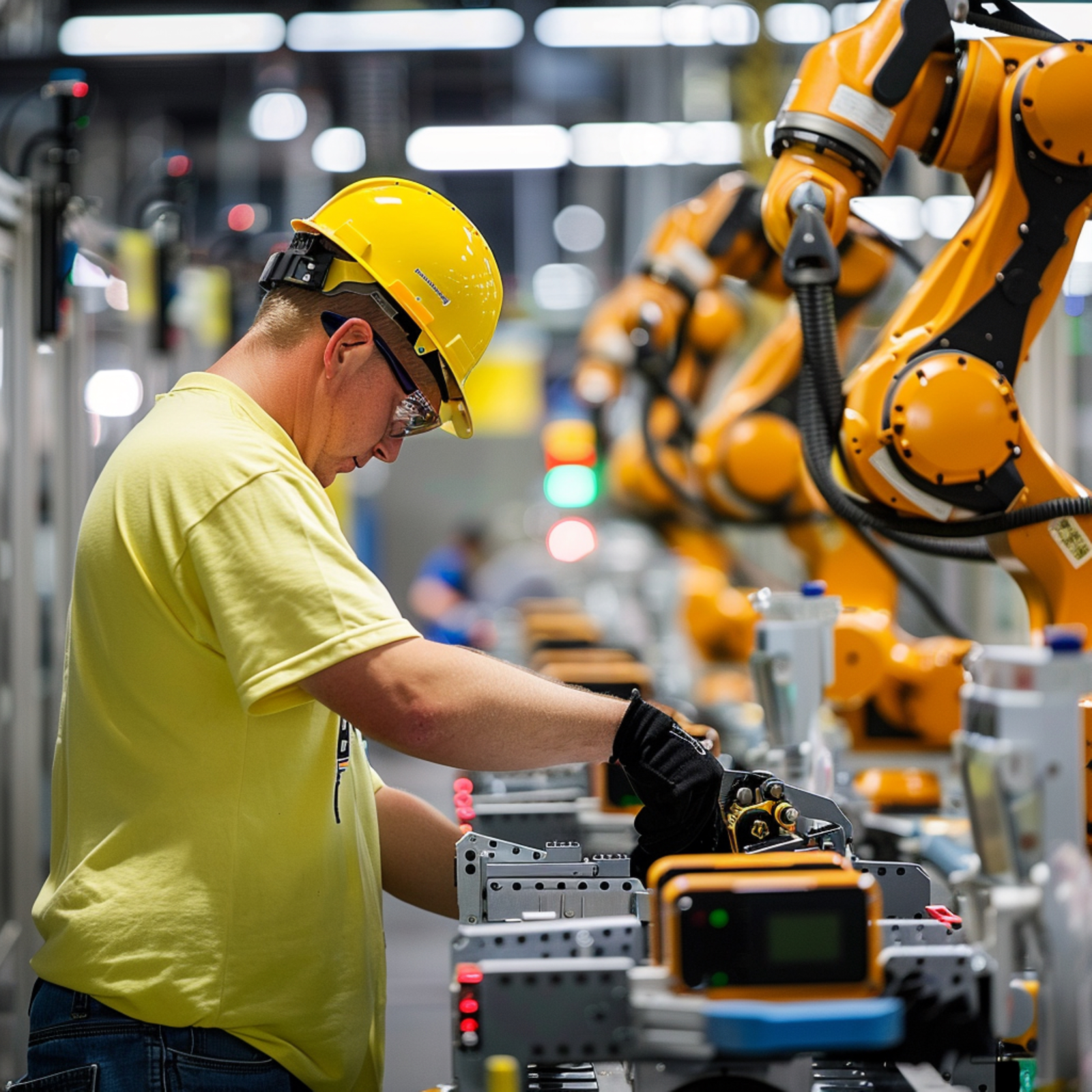 man yellow helmet is working robot