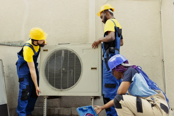 Techniciens installant une unité extérieure de climatisation avec outils et équipement de sécurité, illustrant la maintenance CVC, l’intervention terrain et le travail en équipe