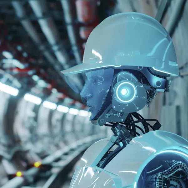 Robot humanoïde équipé d’un casque de chantier dans un environnement industriel, symbolisant l’automatisation et l’intelligence artificielle en usine