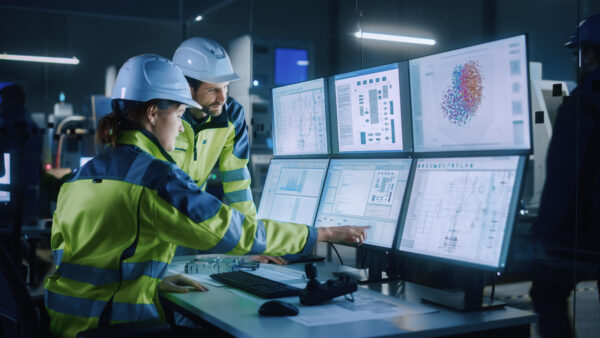 Techniciens en environnement industriel analysant des données et plans techniques sur écrans multiples, illustrant le pilotage de production et l’analyse numérique en industrie
