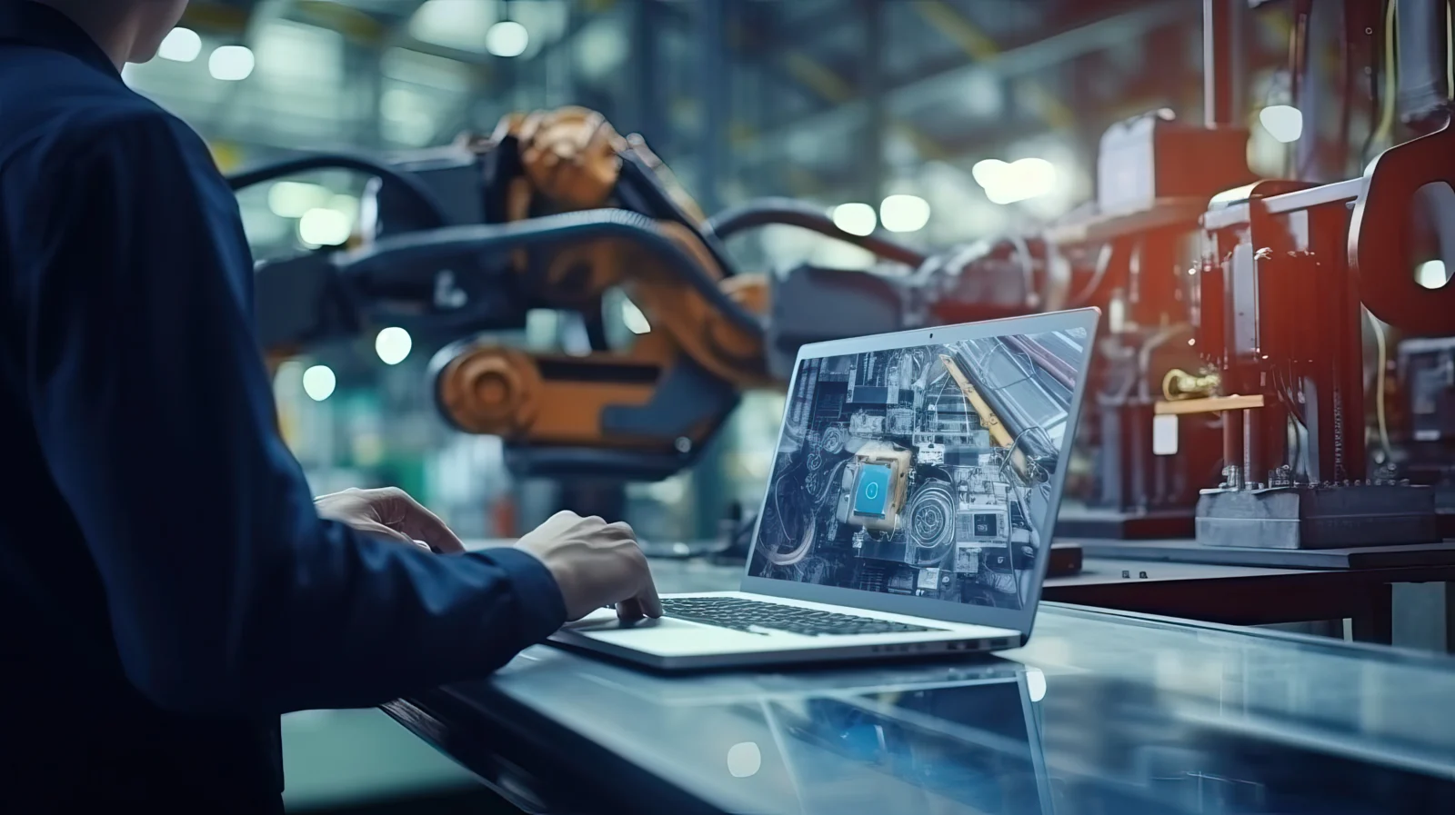 Opérateur utilisant un ordinateur portable dans un environnement industriel avec bras robotisé en arrière-plan, illustrant la supervision de production et la transformation numérique de l’industrie
