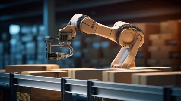 Bras robotisé industriel manipulant des colis sur une ligne de production automatisée, illustrant la robotisation, la logistique et l’industrie 4.0