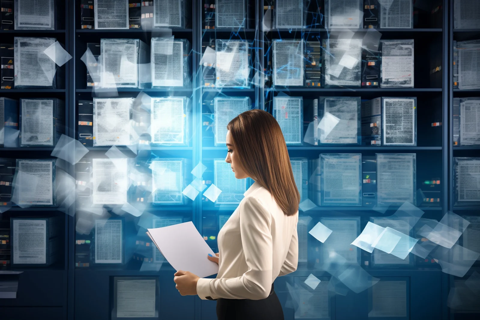 Personne consultant des documents face à des serveurs de données avec flux numériques en surimpression, illustrant la gestion documentaire, le stockage de données et la transformation digitale