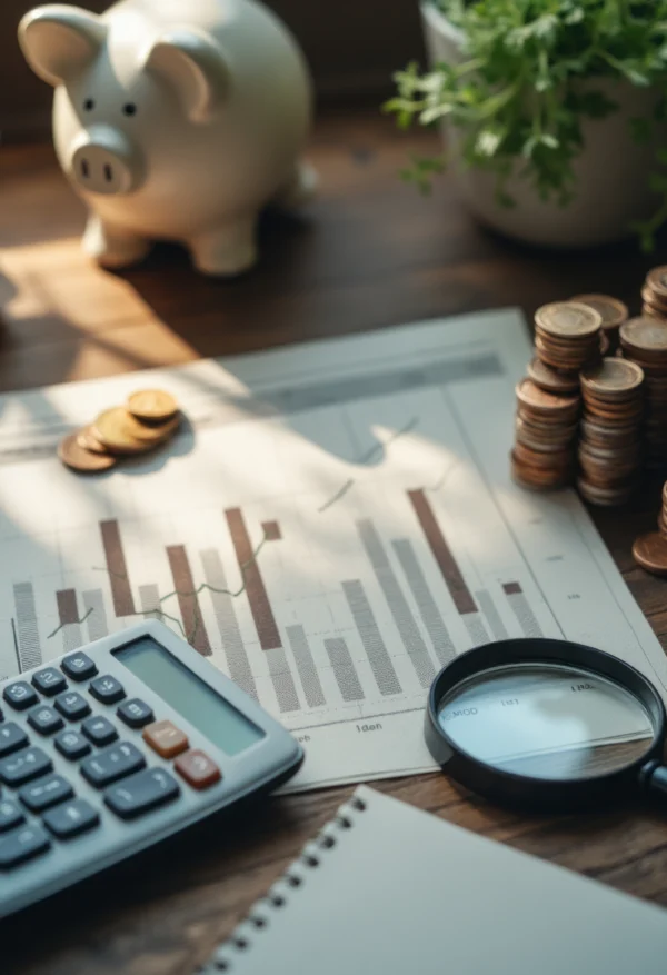 Graphiques financiers sur document avec calculatrice, pièces de monnaie et tirelire, illustrant la gestion budgétaire, l’analyse de données et le pilotage financier en entreprise