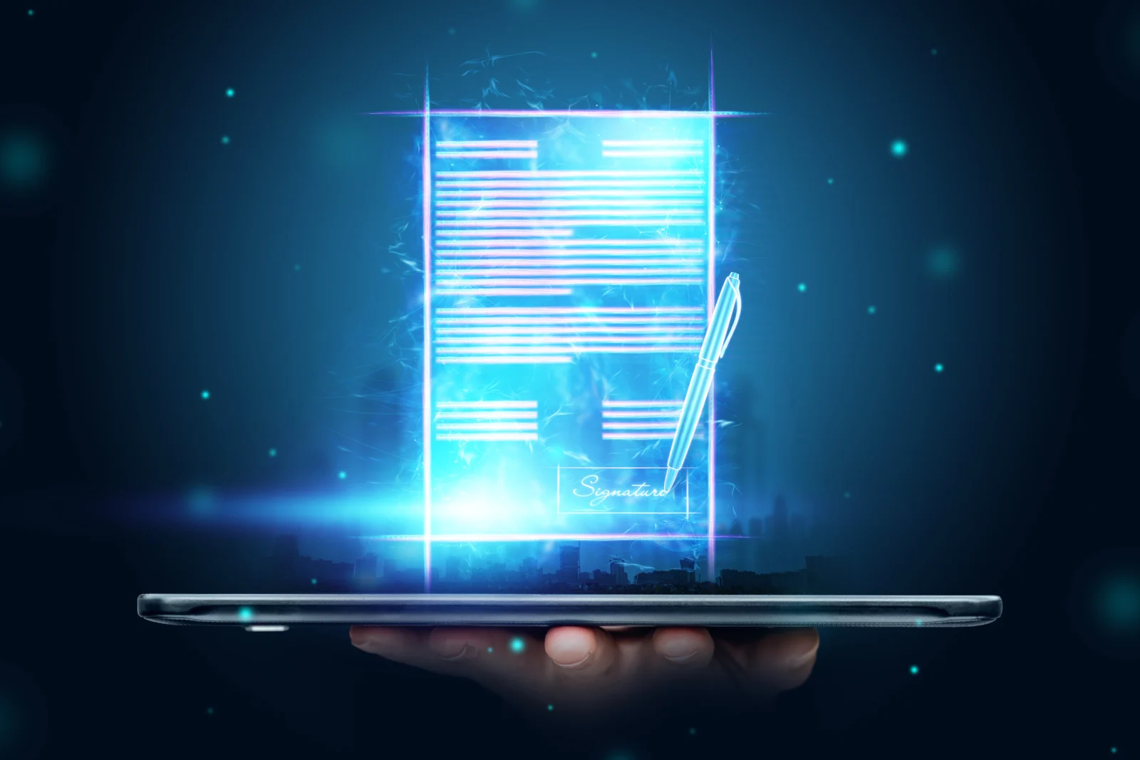 male hand modern smartphone hologram contract concept electronic signature business remote collabora