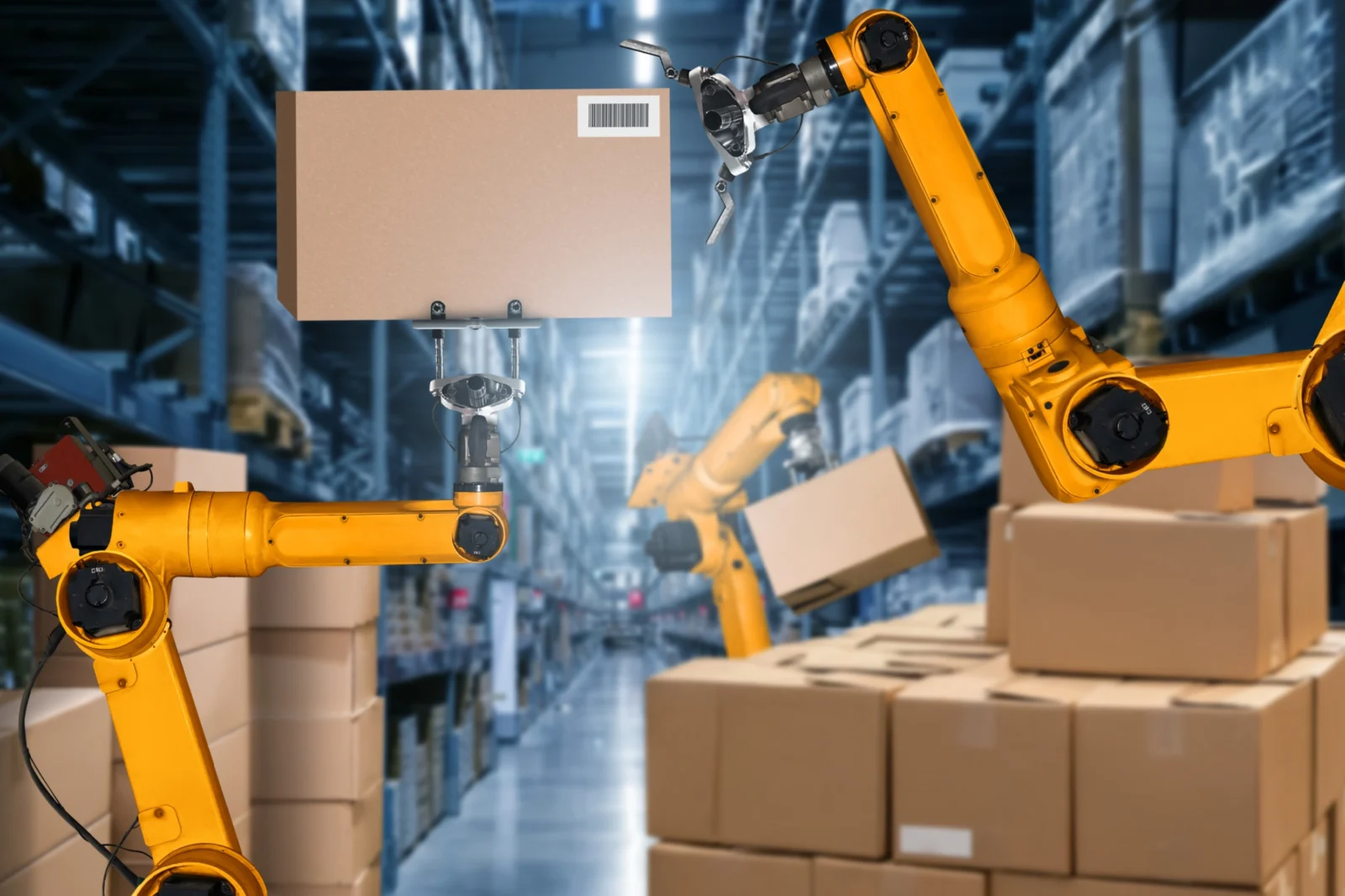 Bras robotisés manipulant des colis dans un entrepôt logistique automatisé, illustrant la préparation de commandes, la robotisation et la gestion des flux en supply chain