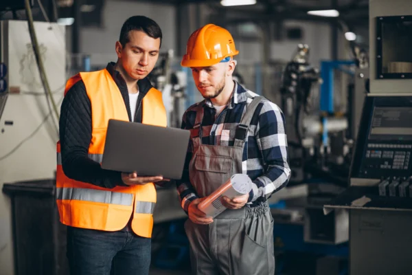 Techniciens en usine consultant un ordinateur portable avec plans techniques en main, illustrant le suivi de production, la maintenance industrielle et la digitalisation des opérations