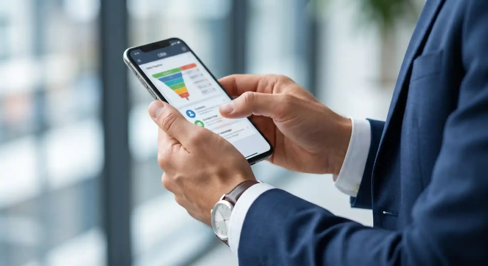 Commercial qui utilise son CRM sur son téléphone